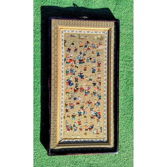 VTG Chinese Hand Embroidered Silk Panel-Hundred Children Playing-25x13" Framed - Picture 1 of 6